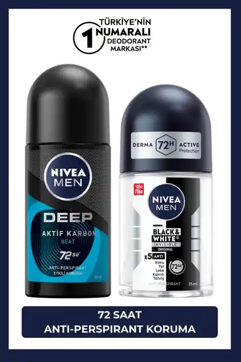 NIVEA MEN Erkek Roll-on Deodorant Deep Beat 50ml ve Mini Roll-on Black&White Original 25ml, 72 Saat Koruma