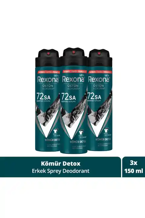 Rexona Men Erkek Sprey Deodorant Kömür Detox 72 Saat Kesintisiz Üstün Koruma 150 ml X3