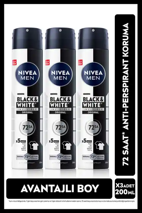 NIVEA MEN Erkek Sprey Deodorant Black&White Invisible Original 200ml, 72 Saat Anti-perspirant, X3 Adet
