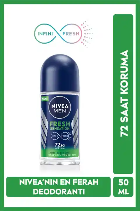 NIVEA Men Erkek Roll-on Deodorant Fresh Sensation 50ml, 72 Saat Anti-perspirant Koruma, Uzun Süreli Koruma