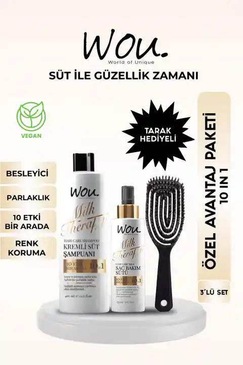 WOU World of Unique Milk Therapy Şampuan 400 ML+Milk Therapy Milk Therapy Saç Bakım Sütü 150ml/Lüx Tarak Hediyeli