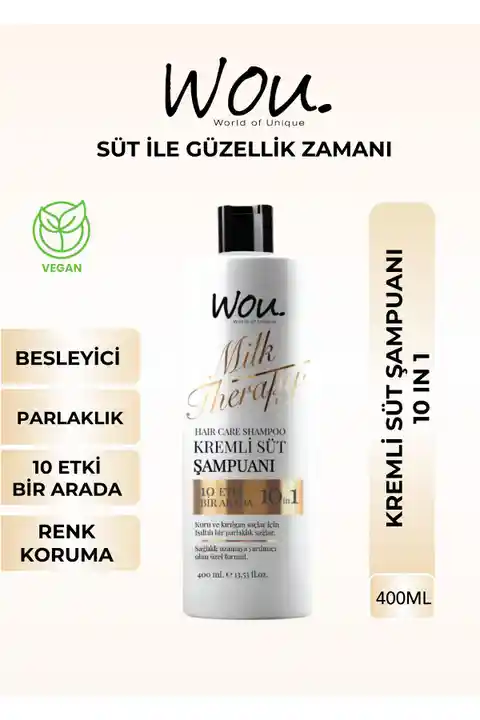 WOU World of Unique Milk Therapy Şampuan 400 ML- Süt Proteinli, Kremli, Besleyici 10 Etki Bir Arada Şampuan