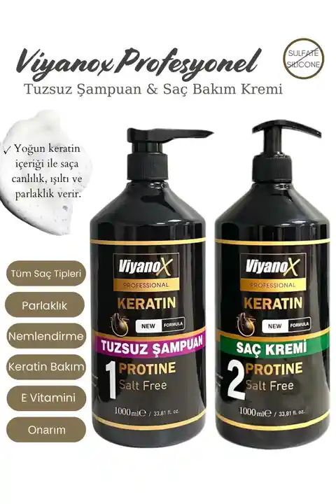 VİYANOX Keratinli Tuzsuz Şampuan 1000 ml Keratin Bakım Ve Onarıcı Saç Kremi 1000 ml